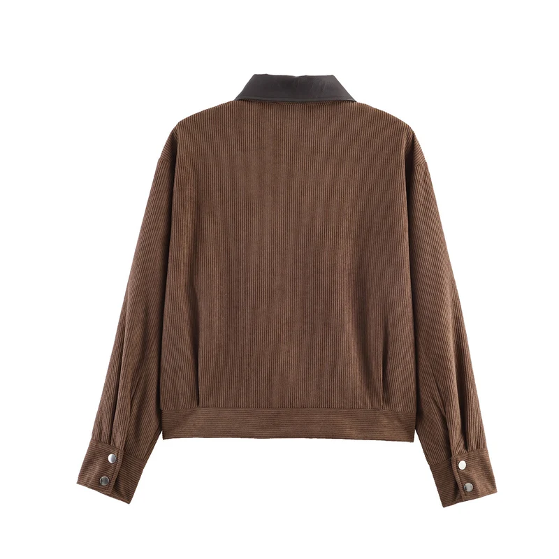 Damen Rippenstruktur-Kurzjacke mit Kunstlederkragen und Pattentaschen Nord Taschen
