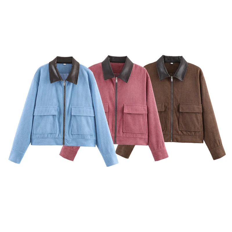 Damen Rippenstruktur-Kurzjacke mit Kunstlederkragen und Pattentaschen Nord Taschen