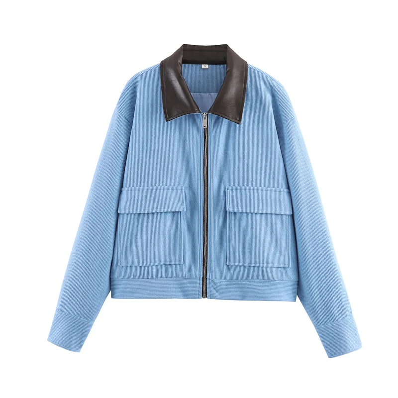 Damen Rippenstruktur-Kurzjacke mit Kunstlederkragen und Pattentaschen Nord Taschen