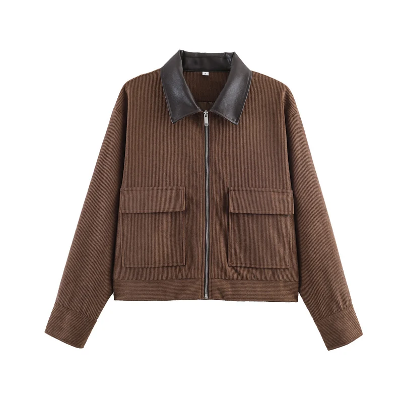 Damen Rippenstruktur-Kurzjacke mit Kunstlederkragen und Pattentaschen Nord Taschen
