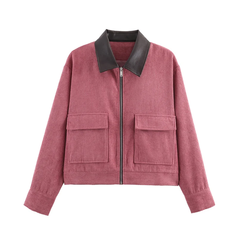 Damen Rippenstruktur-Kurzjacke mit Kunstlederkragen und Pattentaschen Nord Taschen