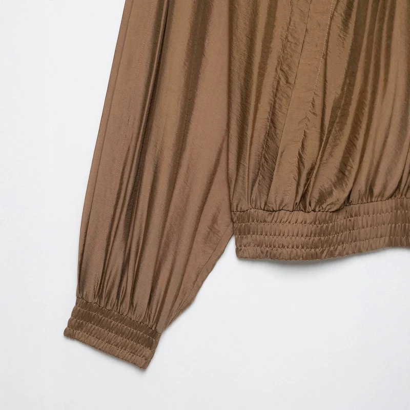 Damen Plissierte Satin-Cropped-Bluse mit Ballonärmeln und gerafftem Gummibund Nord Taschen