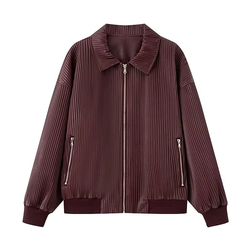 Damen Plissierte Bomberjacke mit feiner Längsstruktur, Metallreißverschluss und elastischen Bündchen Nord Taschen