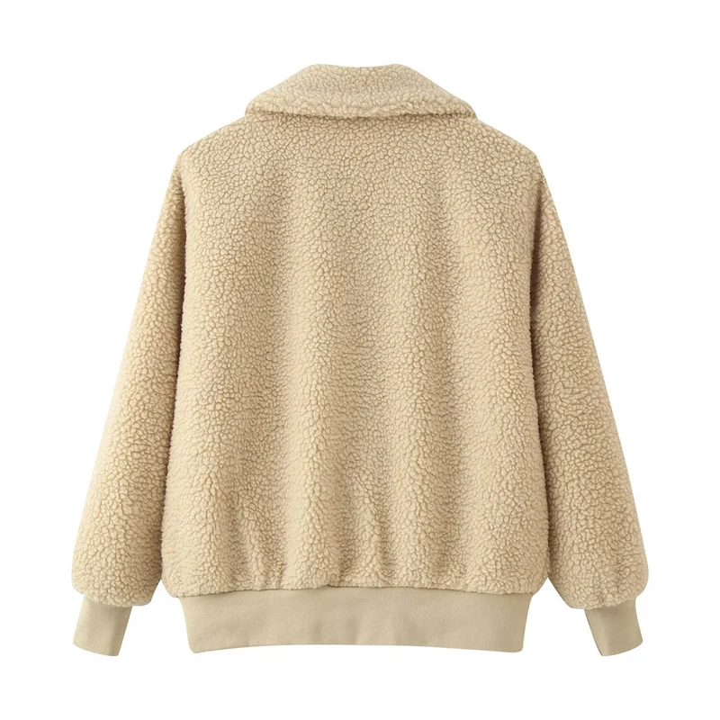 Damen Oversized Teddyjacke mit Reißverschluss, Kragen und aufgesetzten Taschen Nord Taschen