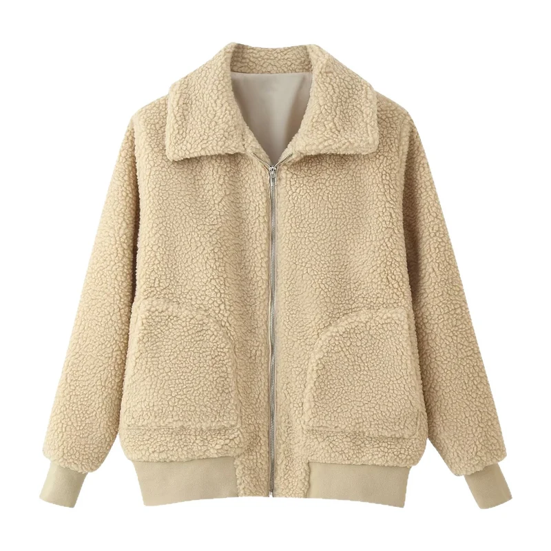 Damen Oversized Teddyjacke mit Reißverschluss, Kragen und aufgesetzten Taschen Nord Taschen