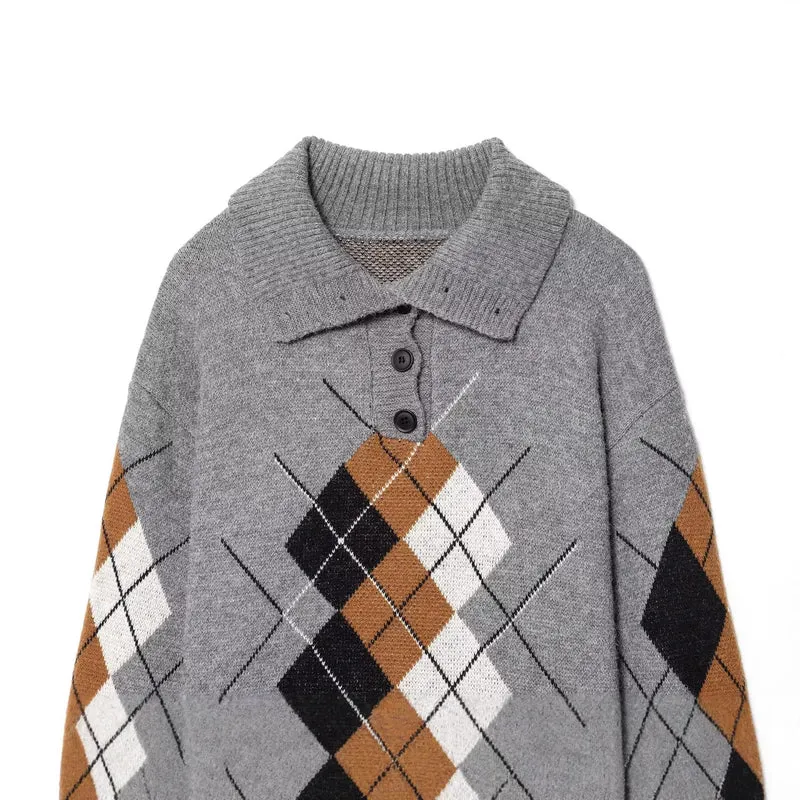 Damen Oversized Strickpullover mit Rautenmuster und Rollkragen Nord Taschen
