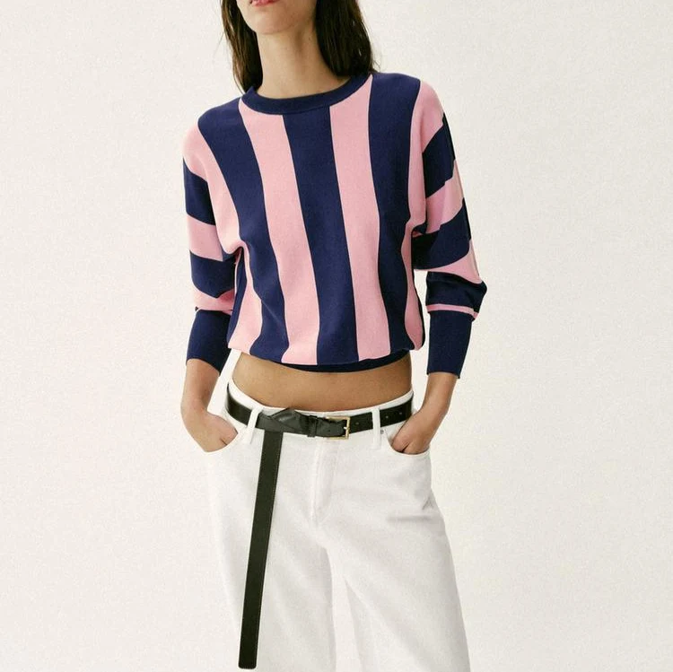 Damen Oversized Strickpullover mit breiten Streifen, Rundhalsausschnitt und verlängerten Rippärmeln Nord Taschen