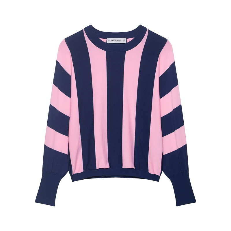 Damen Oversized Strickpullover mit breiten Streifen, Rundhalsausschnitt und verlängerten Rippärmeln Nord Taschen