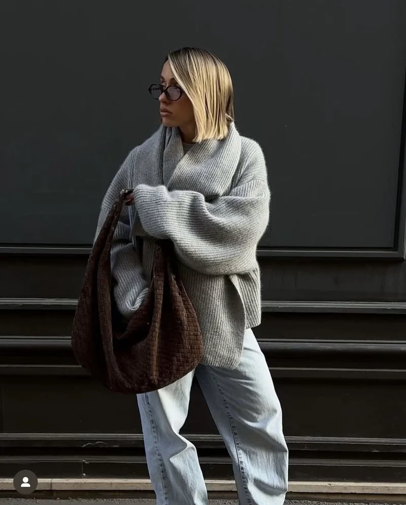 Damen Oversized Rollkragen‑Strickpullover mit Rippstruktur Nord Taschen