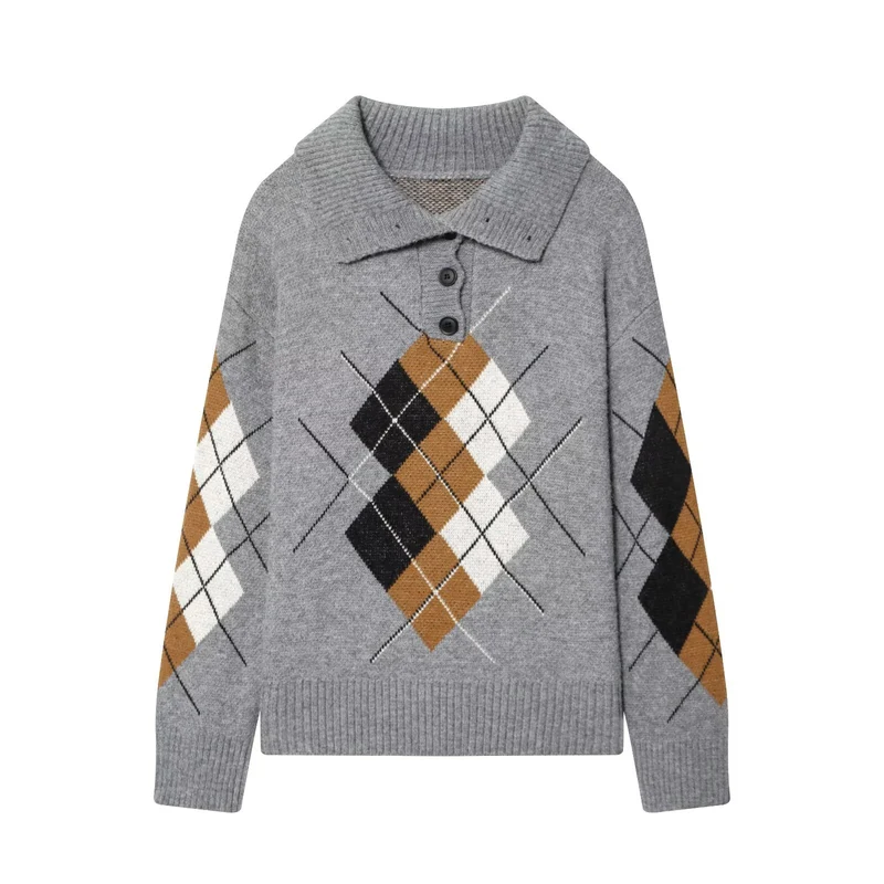 Damen Oversized Pullover mit Rautenmuster und Polokragen mit Knopfleiste Nord Taschen