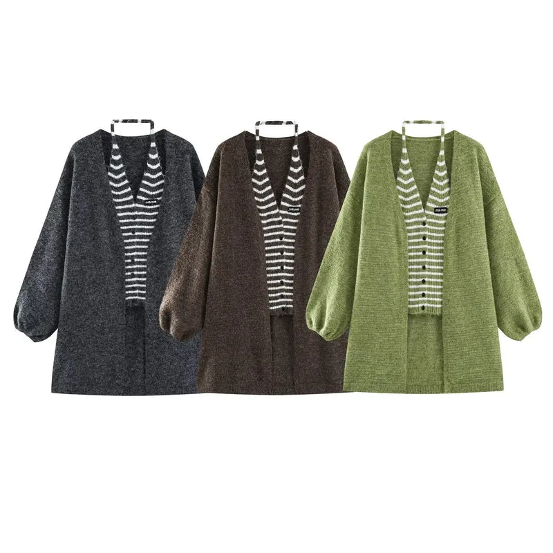 Damen Oversized Mohairoptik-Cardigan mit Ballonärmeln und gestreiftem Einsatz Nord Taschen