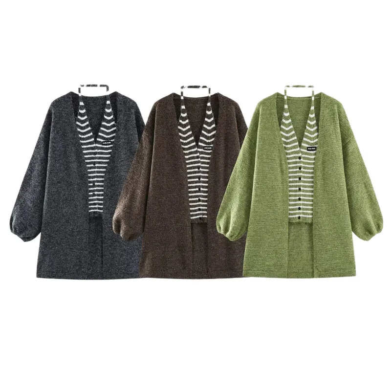Damen Oversized Mohairoptik-Cardigan mit Ballonärmeln und gestreiftem Einsatz Nord Taschen