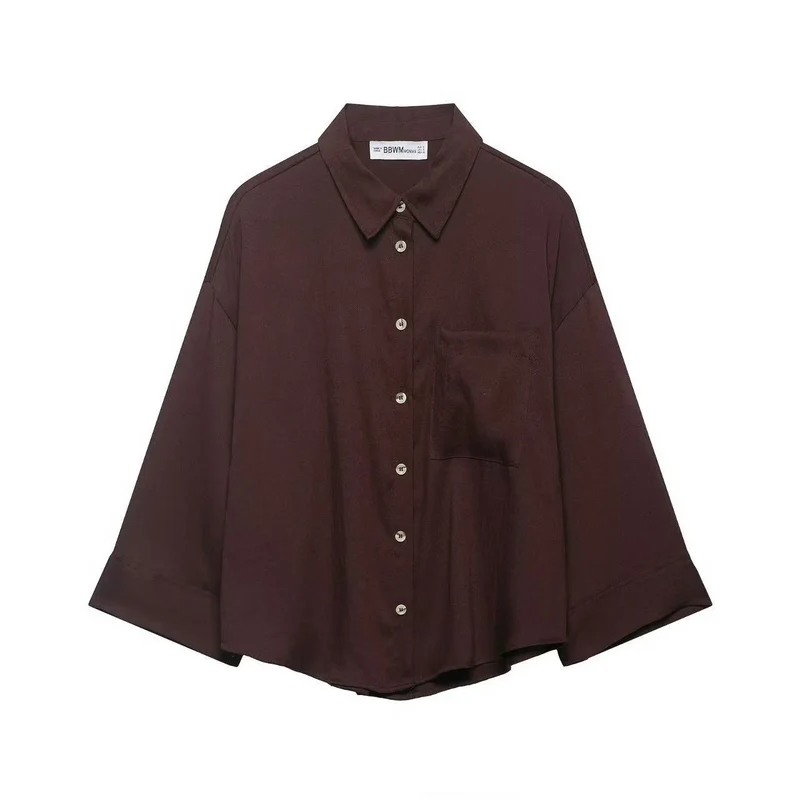 Damen Oversized Leinenoptik-Hemdbluse mit weiten Dreiviertelärmeln und Brusttasche Nord Taschen