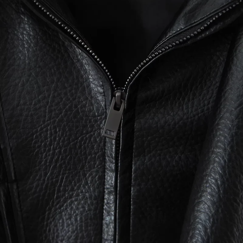 Damen Oversized Lederjacke mit asymmetrischem Reißverschluss und breitem Kragen Nord Taschen