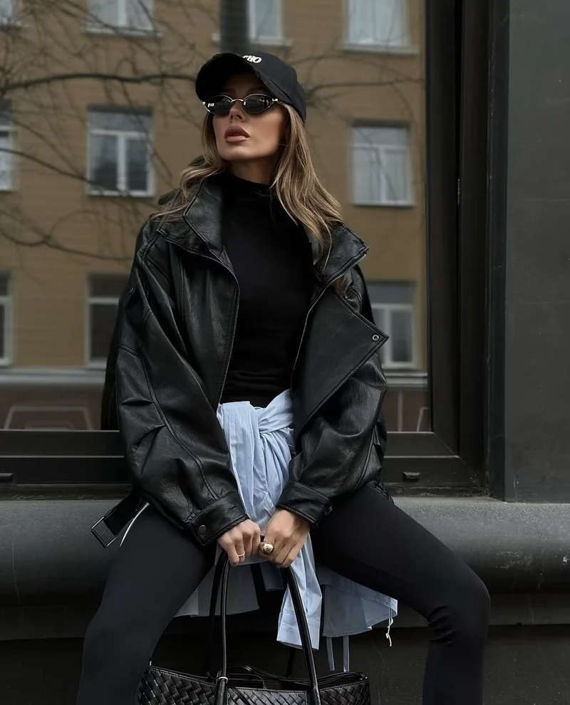 Damen Oversized Lederjacke mit asymmetrischem Reißverschluss und breitem Kragen Nord Taschen
