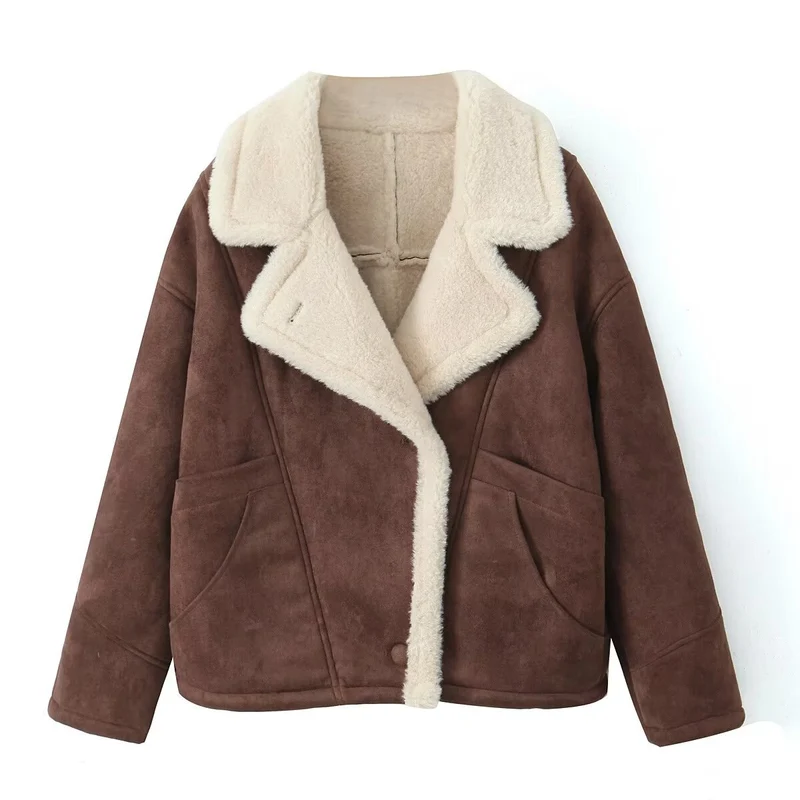 Damen Oversized Kurzjacke aus Wildlederoptik mit Teddyfutter und großem Reverskragen Nord Taschen