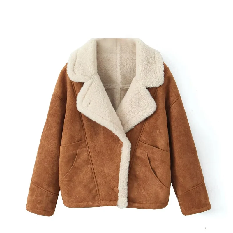 Damen Oversized Kurzjacke aus Wildlederoptik mit Teddyfutter und großem Reverskragen Nord Taschen