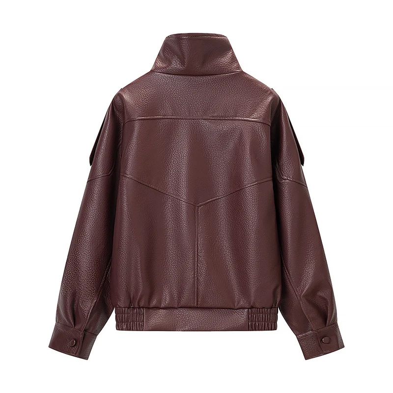 Damen Oversized Kunstlederjacke mit hohem Stehkragen, asymmetrischer Knopfleiste und elastischem Saum Nord Taschen
