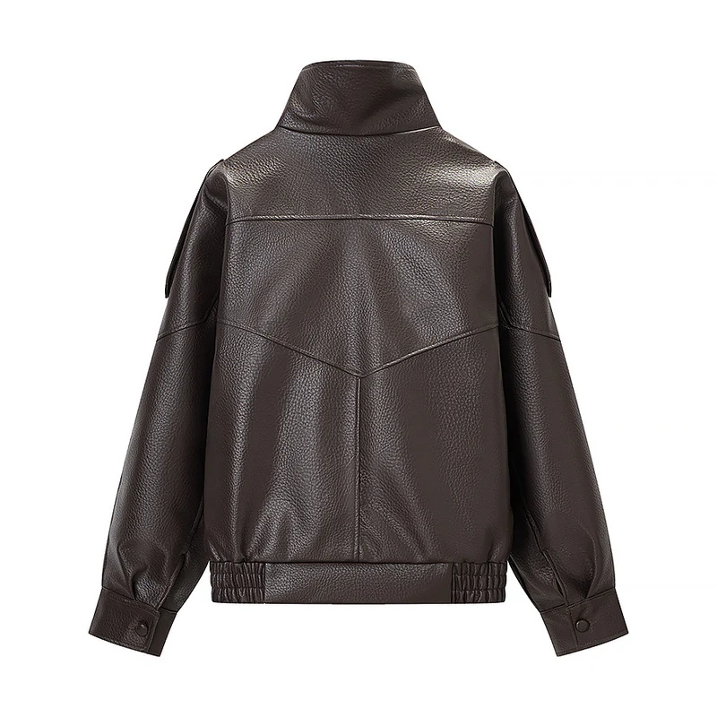 Damen Oversized Kunstlederjacke mit hohem Stehkragen, asymmetrischer Knopfleiste und elastischem Saum Nord Taschen