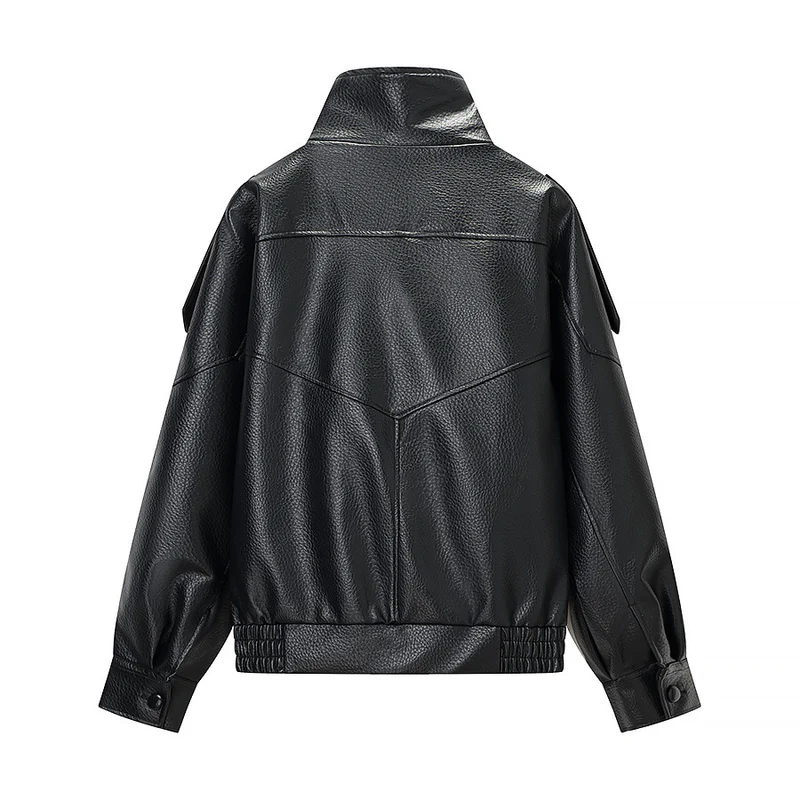 Damen Oversized Kunstlederjacke mit hohem Stehkragen, asymmetrischer Knopfleiste und elastischem Saum Nord Taschen