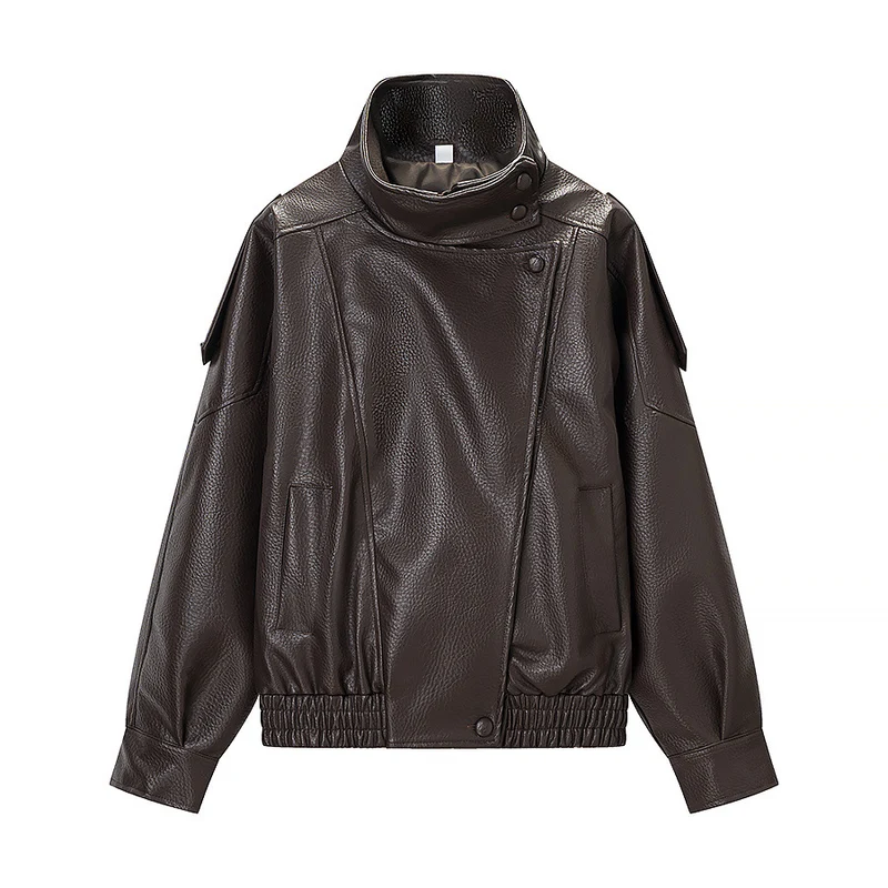 Damen Oversized Kunstlederjacke mit hohem Stehkragen, asymmetrischer Knopfleiste und elastischem Saum Nord Taschen