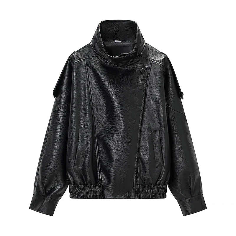 Damen Oversized Kunstlederjacke mit hohem Stehkragen, asymmetrischer Knopfleiste und elastischem Saum Nord Taschen
