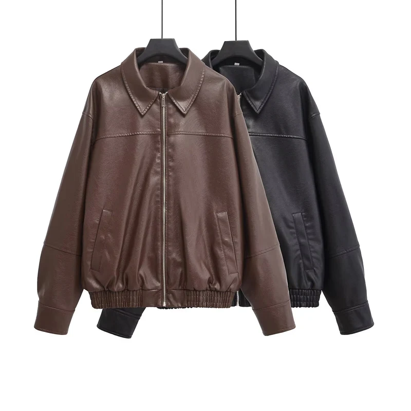 Damen Oversized Kunstlederjacke mit Hemdkragen, durchgehendem Reißverschluss und elastischem Saum Nord Taschen