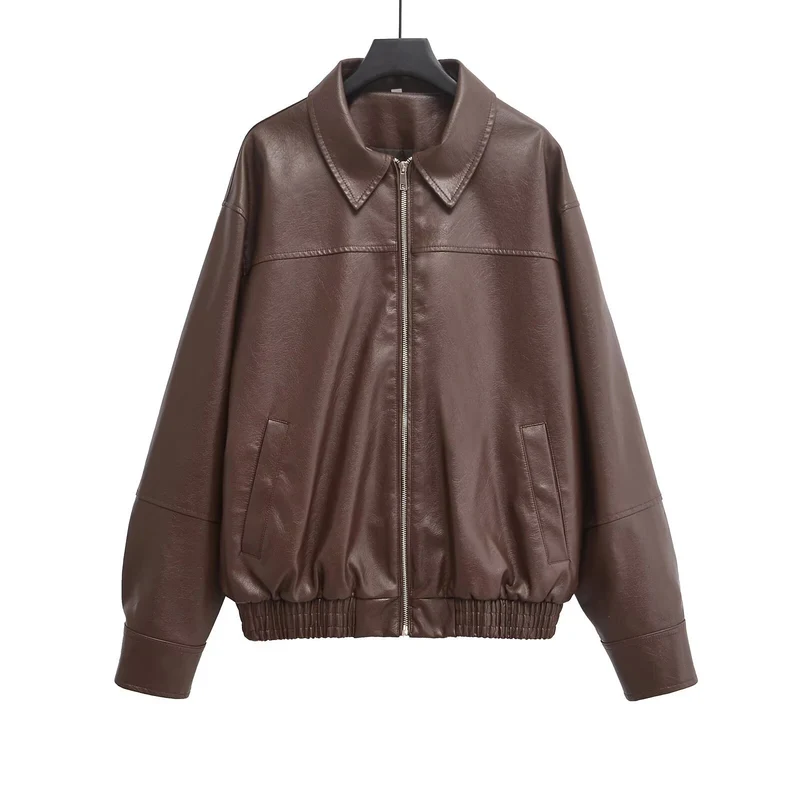 Damen Oversized Kunstlederjacke mit Hemdkragen, durchgehendem Reißverschluss und elastischem Saum Nord Taschen