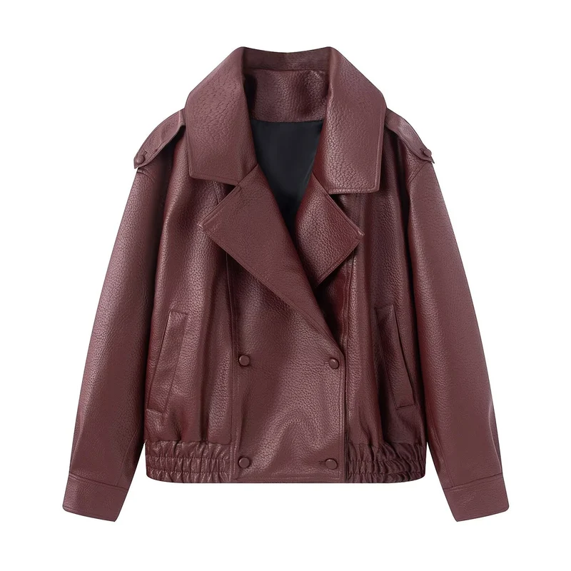 Damen Oversized Kunstlederjacke mit großem Revers, doppelreihiger Druckknopfleiste und elastischem Saum Nord Taschen