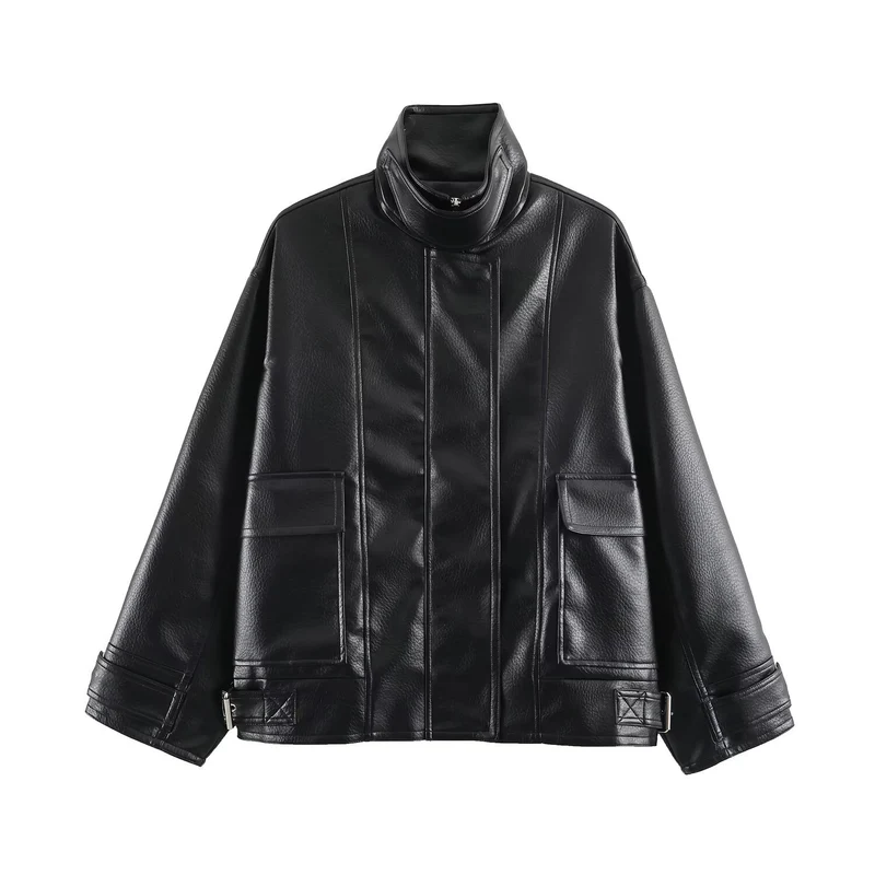 Damen Oversized Kunstleder-Fieldjacke mit hohem Stehkragen und aufgesetzten Pattentaschen Nord Taschen