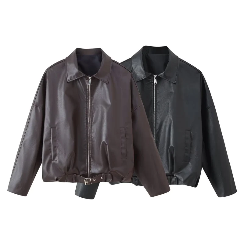 Damen Oversized Kunstleder-Bomberjacke mit Gürtel und Hemdkragen Nord Taschen