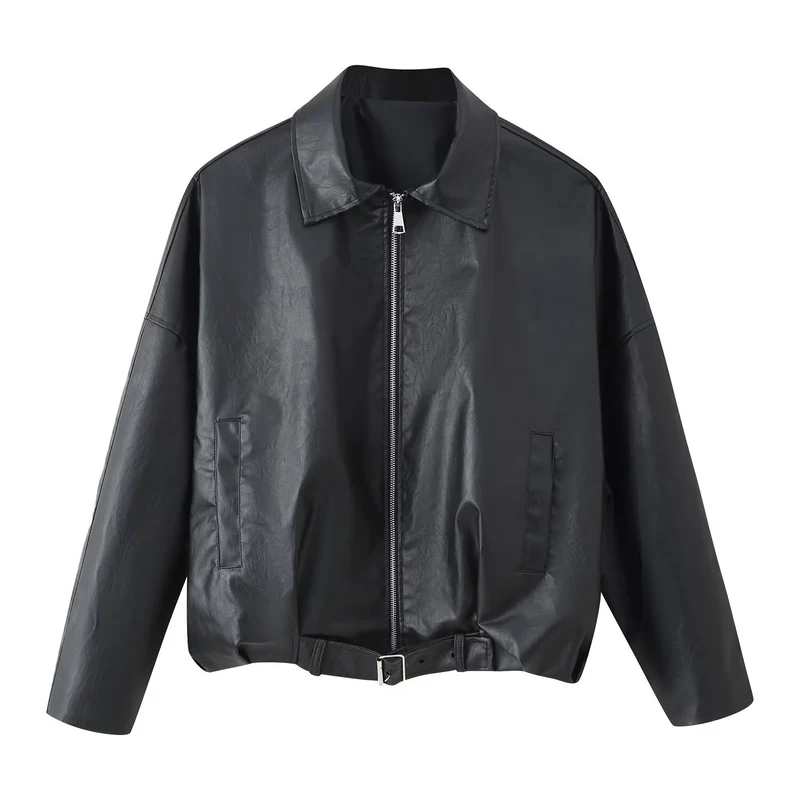 Damen Oversized Kunstleder-Bomberjacke mit Gürtel und Hemdkragen Nord Taschen