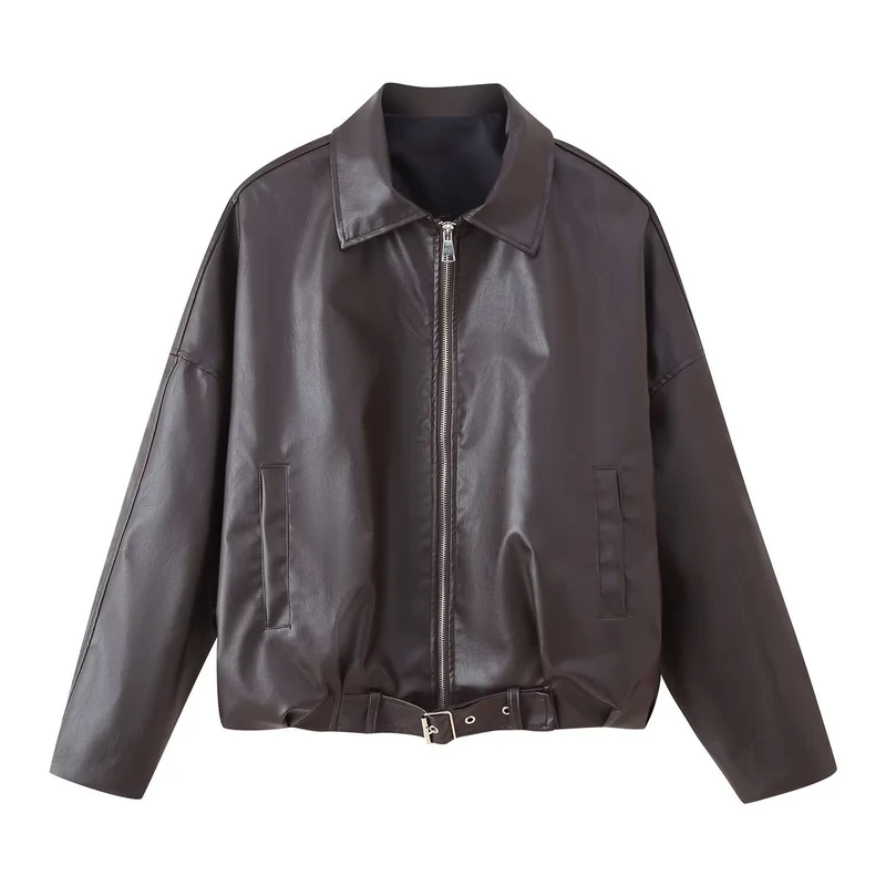 Damen Oversized Kunstleder-Bomberjacke mit Gürtel und Hemdkragen Nord Taschen
