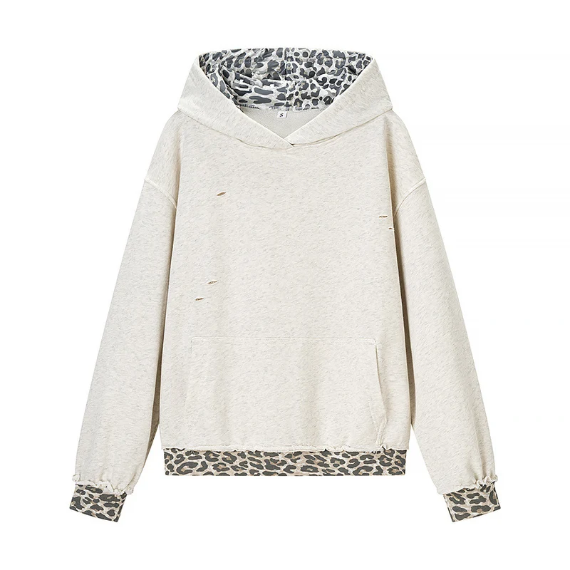 Damen Oversized Kapuzenpullover mit Leoprint-Futter und Destroy-Details Nord Taschen