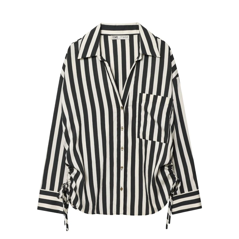 Damen Oversized Hemdbluse mit vertikalem Streifenmuster und Seitenschnürung Nord Taschen