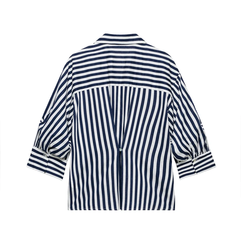 Damen Oversized Hemdbluse mit maritimem Nadelstreifen und dreiviertellangen Ballonärmeln Nord Taschen