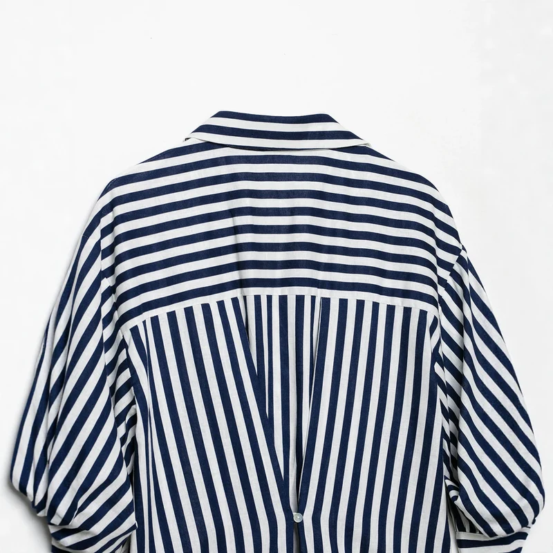 Damen Oversized Hemdbluse mit maritimem Nadelstreifen und dreiviertellangen Ballonärmeln Nord Taschen
