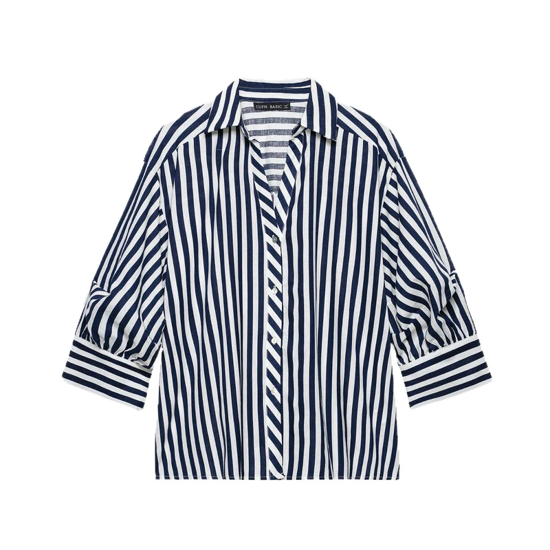 Damen Oversized Hemdbluse mit maritimem Nadelstreifen und dreiviertellangen Ballonärmeln Nord Taschen