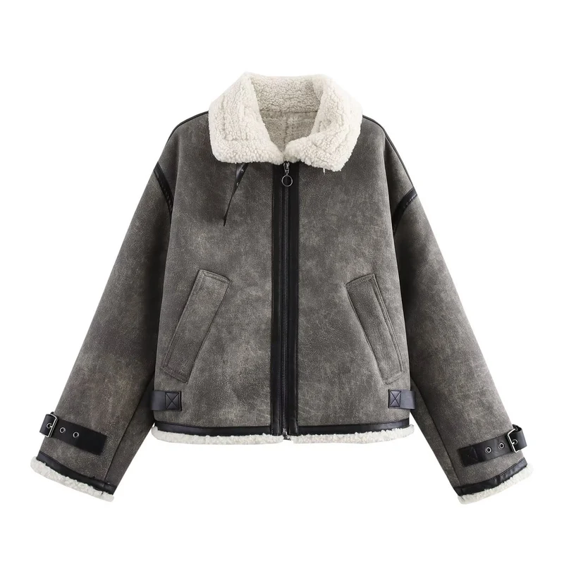 Damen Oversized Fliegerjacke mit Teddyfutter, Kunstlederbesatz und Schnallen Nord Taschen