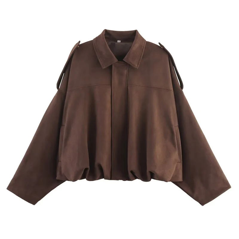 Damen Oversized Cropped Jacke in Wildlederoptik mit Cut-Out-Schultern und Tunnelzugsaum Nord Taschen