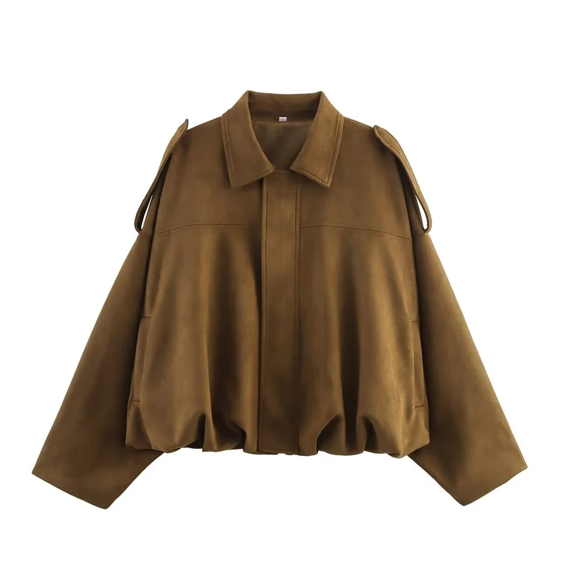 Damen Oversized Cropped Jacke in Wildlederoptik mit Cut-Out-Schultern und Tunnelzugsaum Nord Taschen