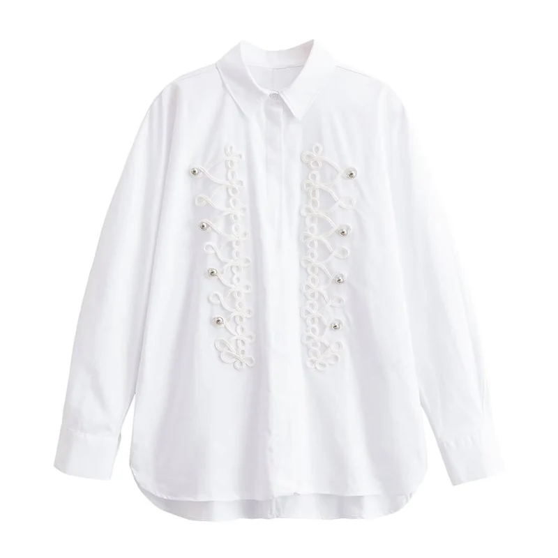 Damen Oversized-Bluse mit dekorativen Froschverschlüssen und Hemdkragen Nord Taschen