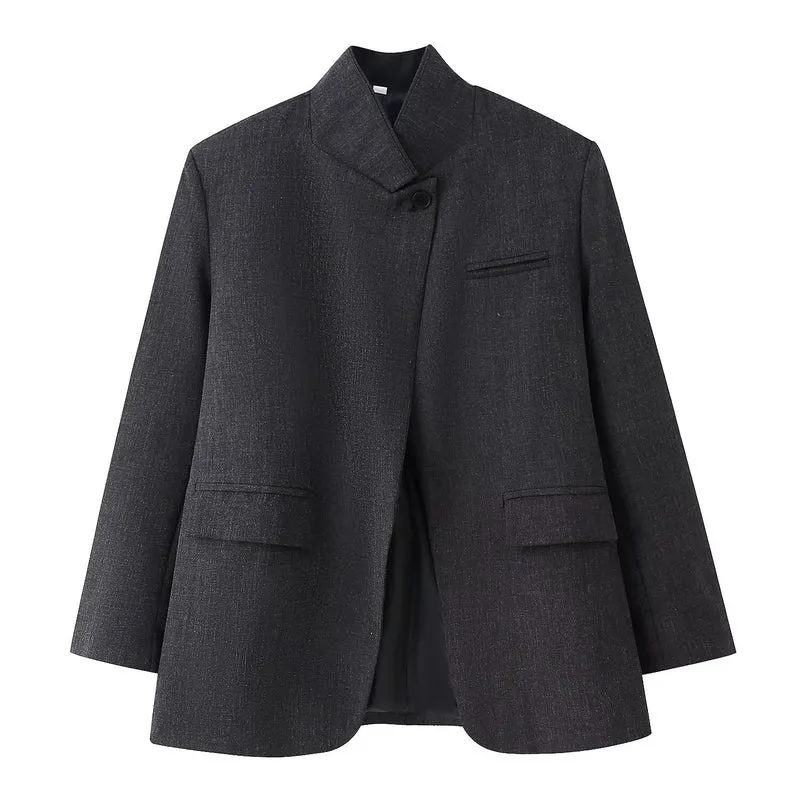 Damen Oversized-Blazer im Boxy-Schnitt mit asymmetrischem Stehkragen und verdeckter Knopfleiste Nord Taschen