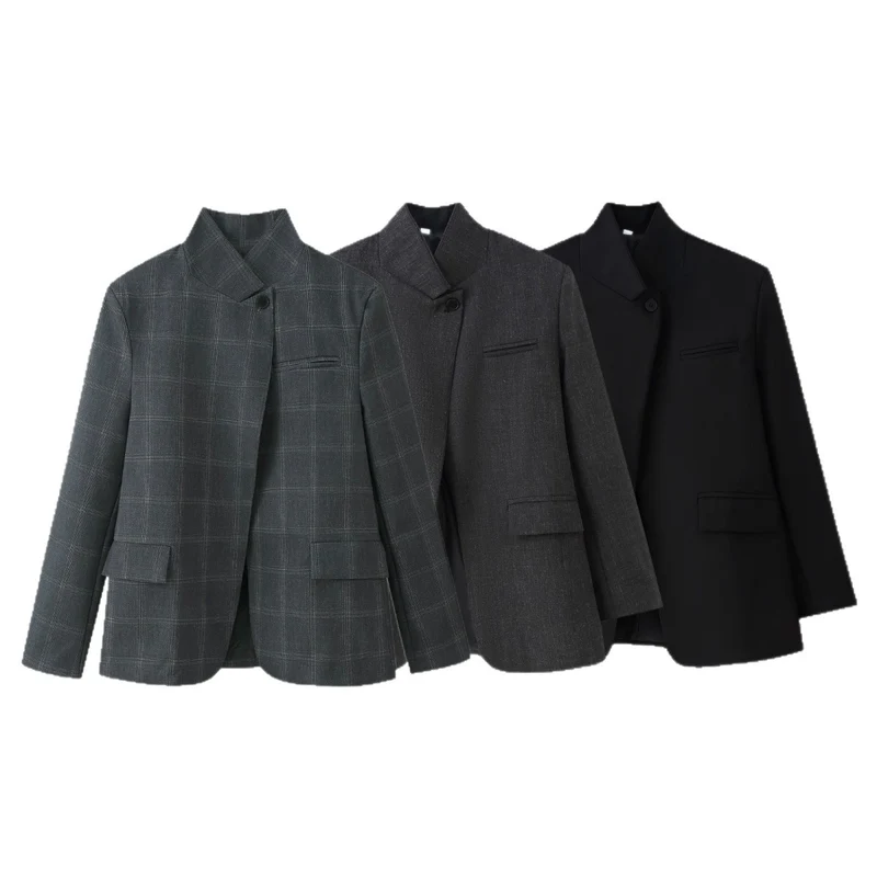 Damen Oversized-Blazer im Boxy-Schnitt mit asymmetrischem Stehkragen und verdeckter Knopfleiste Nord Taschen