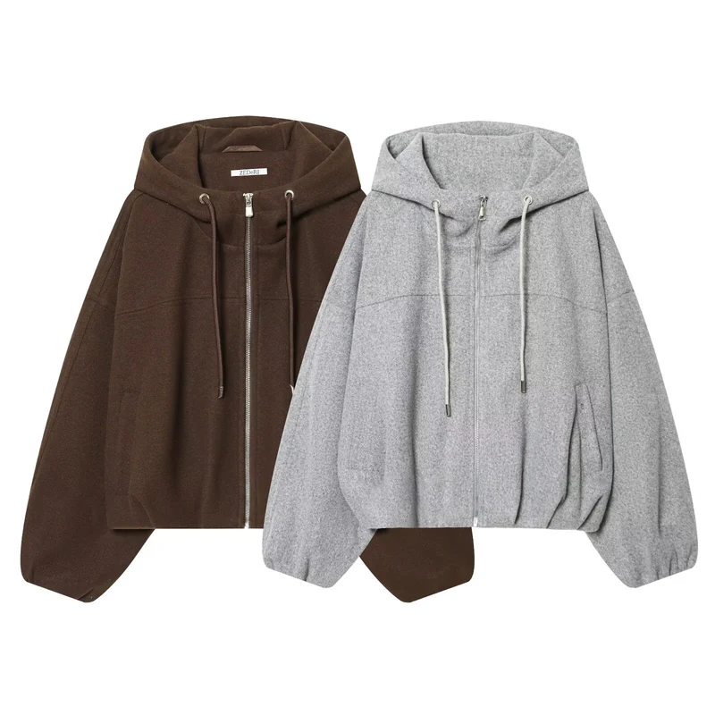 Damen Oversize-Wollmix-Kapuzenjacke mit Reißverschluss und Tunnelzug Nord Taschen
