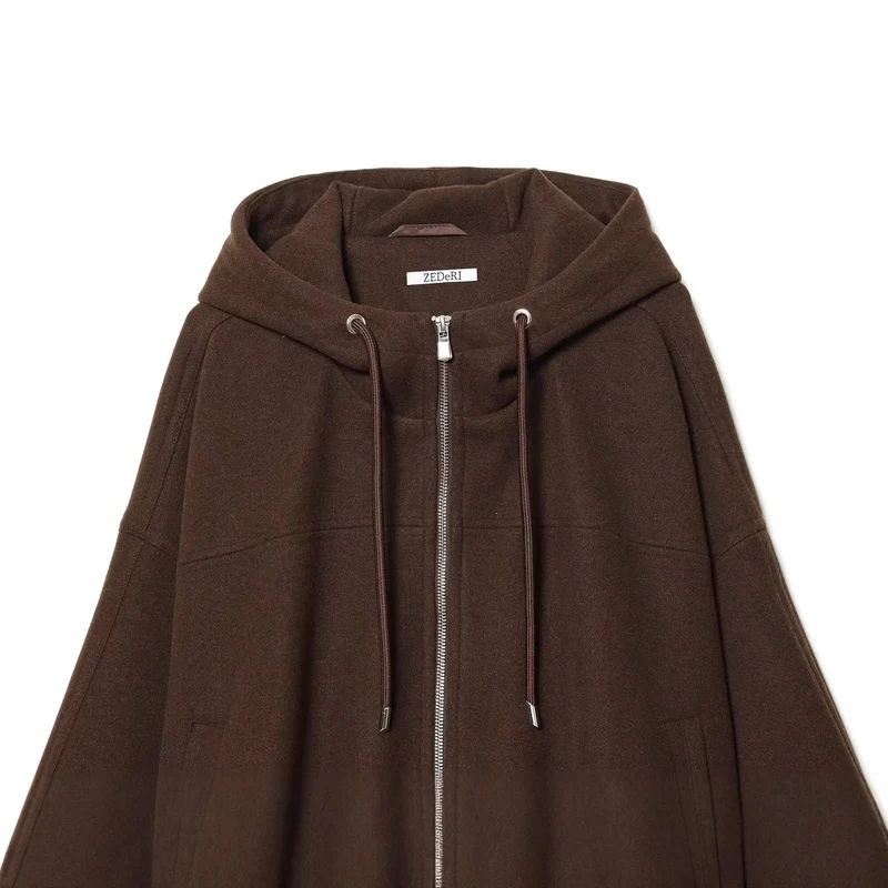 Damen Oversize-Wollmix-Kapuzenjacke mit Reißverschluss und Tunnelzug Nord Taschen