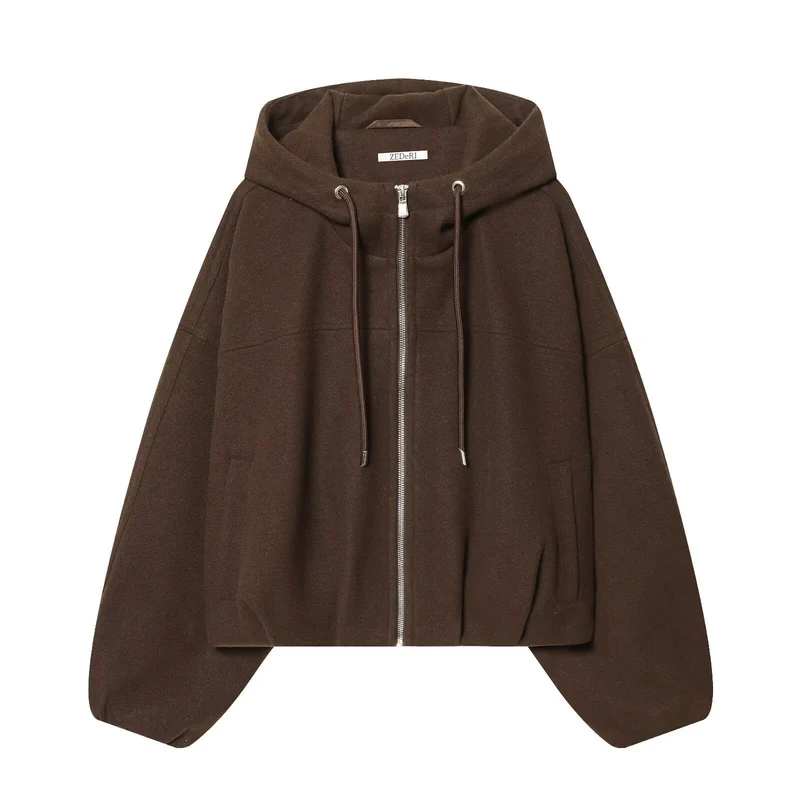 Damen Oversize-Wollmix-Kapuzenjacke mit Reißverschluss und Tunnelzug Nord Taschen