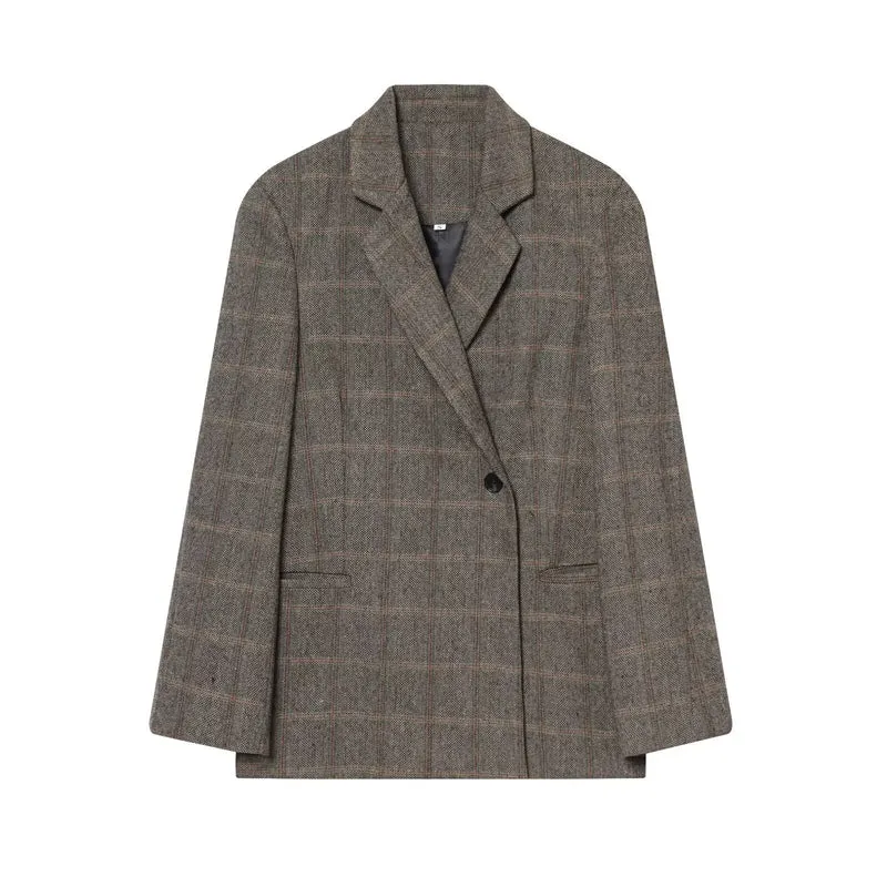 Damen Oversize Wollmix-Blazer mit Glencheck und Ein-Knopf-Verschluss Nord Taschen