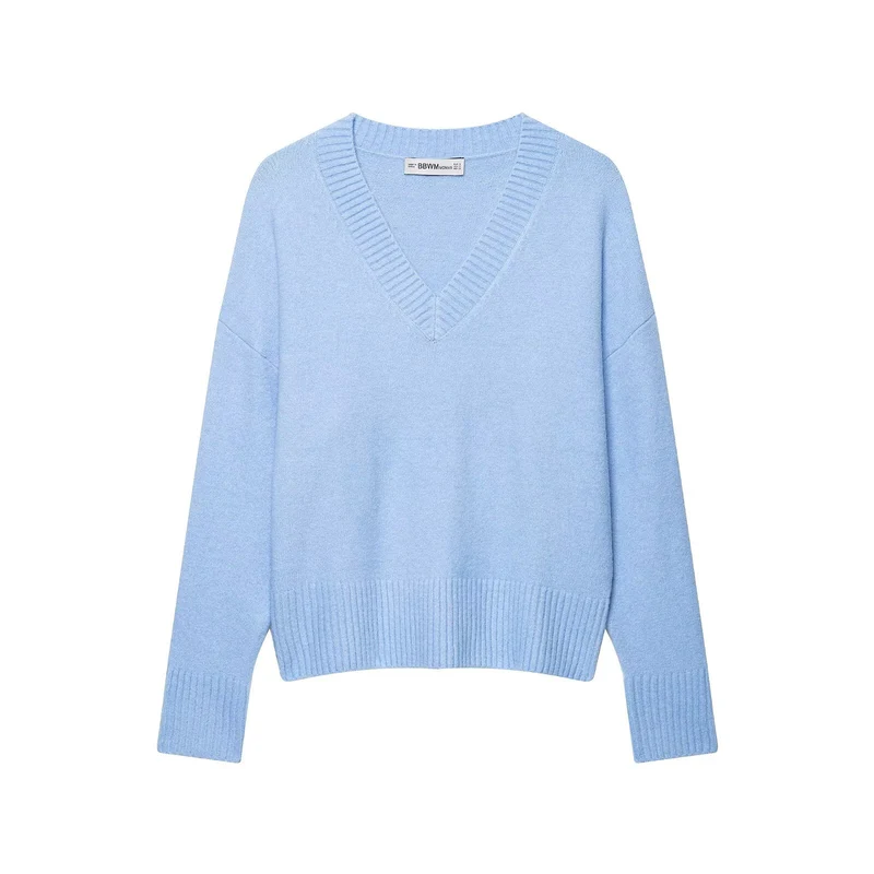 Damen Oversize V-Ausschnitt Pullover mit überschnittenen Schultern und breitem Rippbund Nord Taschen
