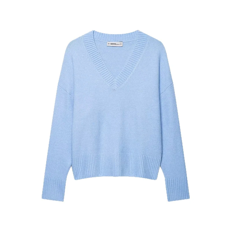 Damen Oversize V-Ausschnitt Pullover mit überschnittenen Schultern und breitem Rippbund Nord Taschen